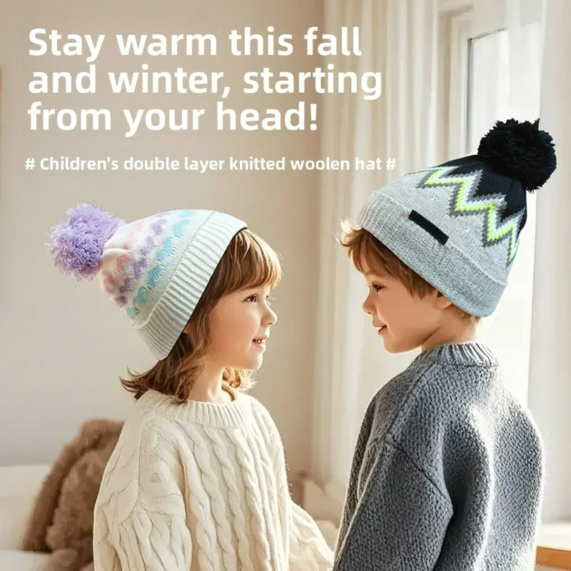 

Autumn and Winter Double-layer Knitted Children's Hat with Fleece Lining, Ear Protection, Sweet Jacquard Cartoon Princess Style