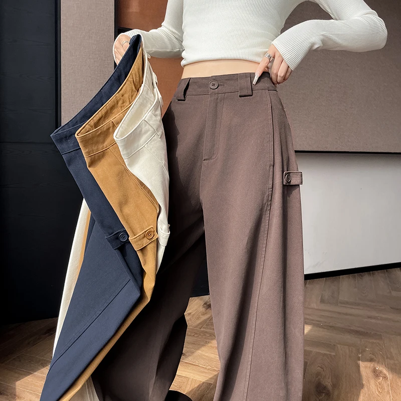 Coffee Wash Cotton Pants High Waist Wide Leg Curved Trousers Korean Loose Casual Harajuku Y2K Pocket Solid Color Straight Pants