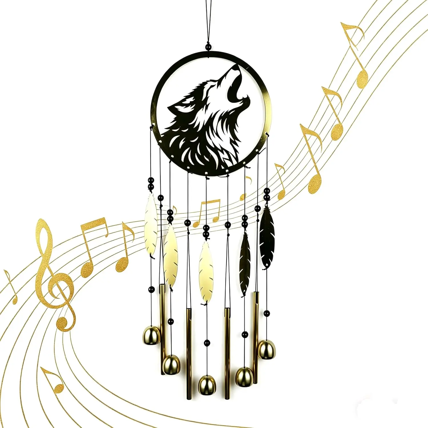 Gold Metal Howling Wolf Wind Chimes for Outdoors