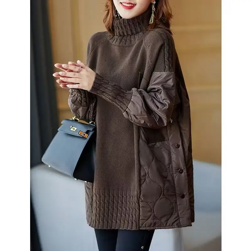 Women Autumn Winter Korean New Trendy Temperament Turtleneck Pullover Sweater Solid Button Spliced Versatile Midi Length Tops