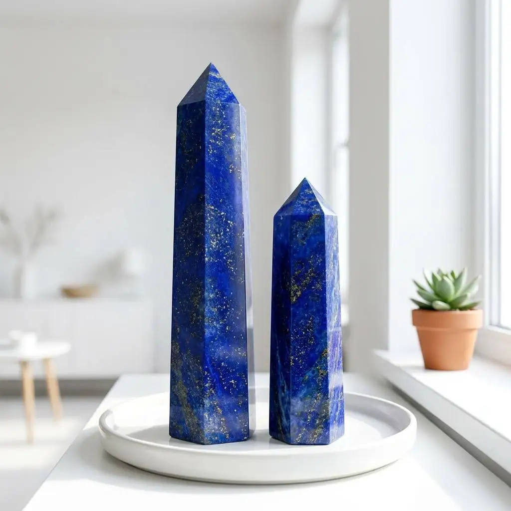 Natural Lapis Lazuli Crystal Tower Obelisk Set 3.1-7.5in 8-19cm Royal Blue Gold Pyrite Pillar Wand Point Home Office Decor Desk Ornament Display Figurine Sculpture Shelf Room Decoration Birthday Christmas Housewarming Anniversary Holiday Gift Crystal Coll