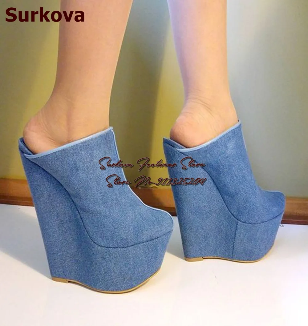 Surkova Blue Denim Wedged Heel Slip-on Slippers High Platform Women Sandals Sexy Nightlclub Dress Shoes Size46 Pumps Mules