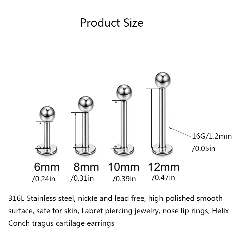 ステンレス鋼の唇のリング,クラレットノーズスタッド,モンローノーズスタッド,ヘリックス耳珠イヤリング,16g, 6mm, 8mm, 10mm, 12mm, 15個