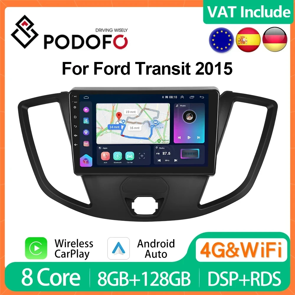 Podofo 4G CarPlay Android Car Radio For Ford Transit 2015 Multimedia Player GPS Stereo 2din Head Unit Ai Voice Autoradio IPS DSP