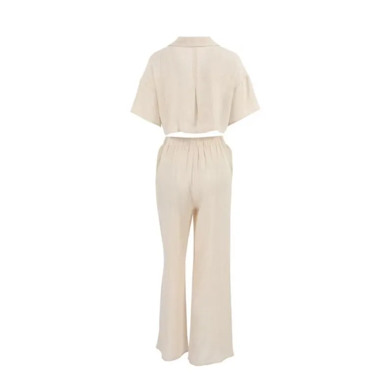 Women's Cotton And Linen Lapel Short Shirt High Waist Pants Suit Pants Suit With Top Casual Two-piece Set For Women