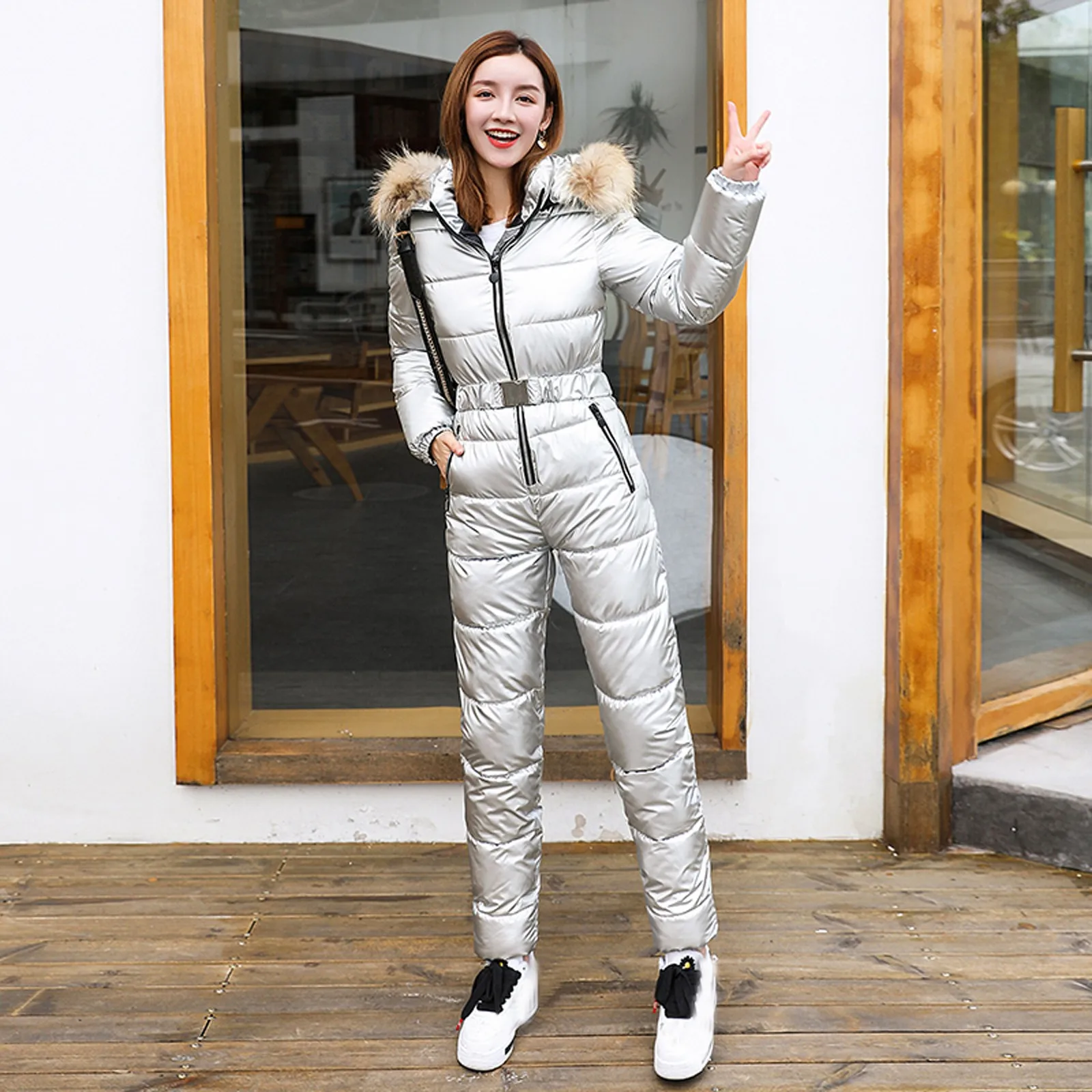 

One Piece Ski Suit Women Jackets Winter Hooded Parka Jumpsuit Women Cotton Bodysuit Sashes Jumpsuits Zipper Overalls Tracksuits