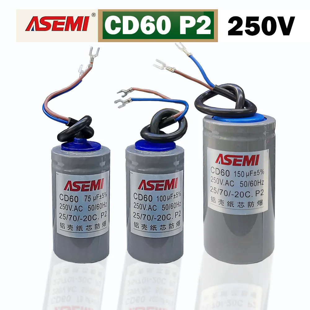 CD60 250V Condensador de Arranque de Motor AC 50uF 75uF 100uF 150uF 200uF 250uF 300uF 350uF 400uF 500uF 600uF P2 Carcasa de Aluminio Núcleo de Papel