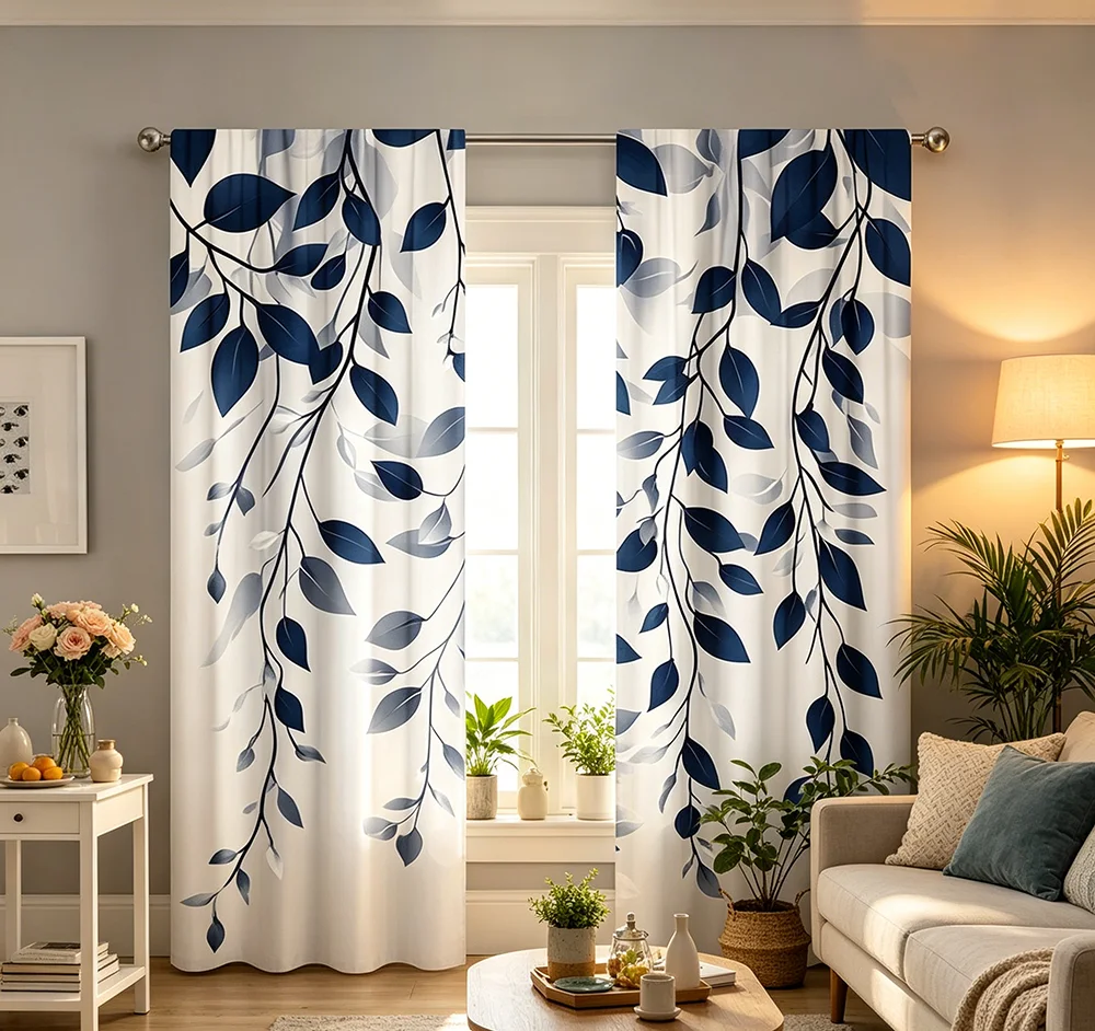2PCS Digital Printed Curtains, Blue Leaf Climbing Vine Botanical Garden, Modern Home Decor Style for Living Room Bedroom Decor