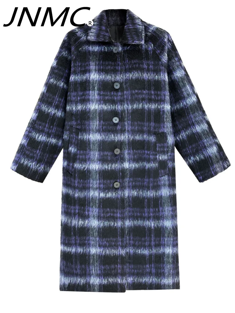 

JNMC Minimally Designed Blue Coffee Plaid Long Sleeved Single Breasted Woolen Coat For Women In Autumn Winter 2024 New Item