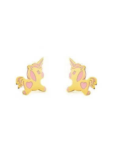 Earrings girl gold 9k unicorn pink enamel