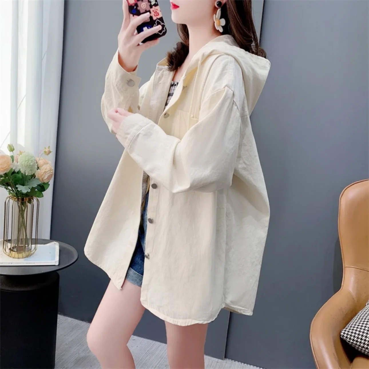 Women Cardigan Hooded Pink Shirts Single-breasted Streetwear Spring Autumn Jacket Windbreaker Long Sleeve Loose Oversized Shirt