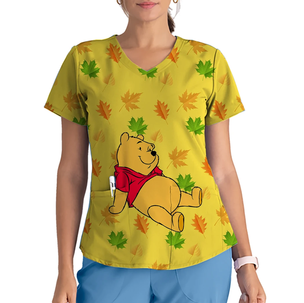 Pharmacist Veterinary Nurse Uniform Disney Winnie Pooh Top Printed V Neck Pocket Skirt Slim Beauty Scrub Medical Uniform