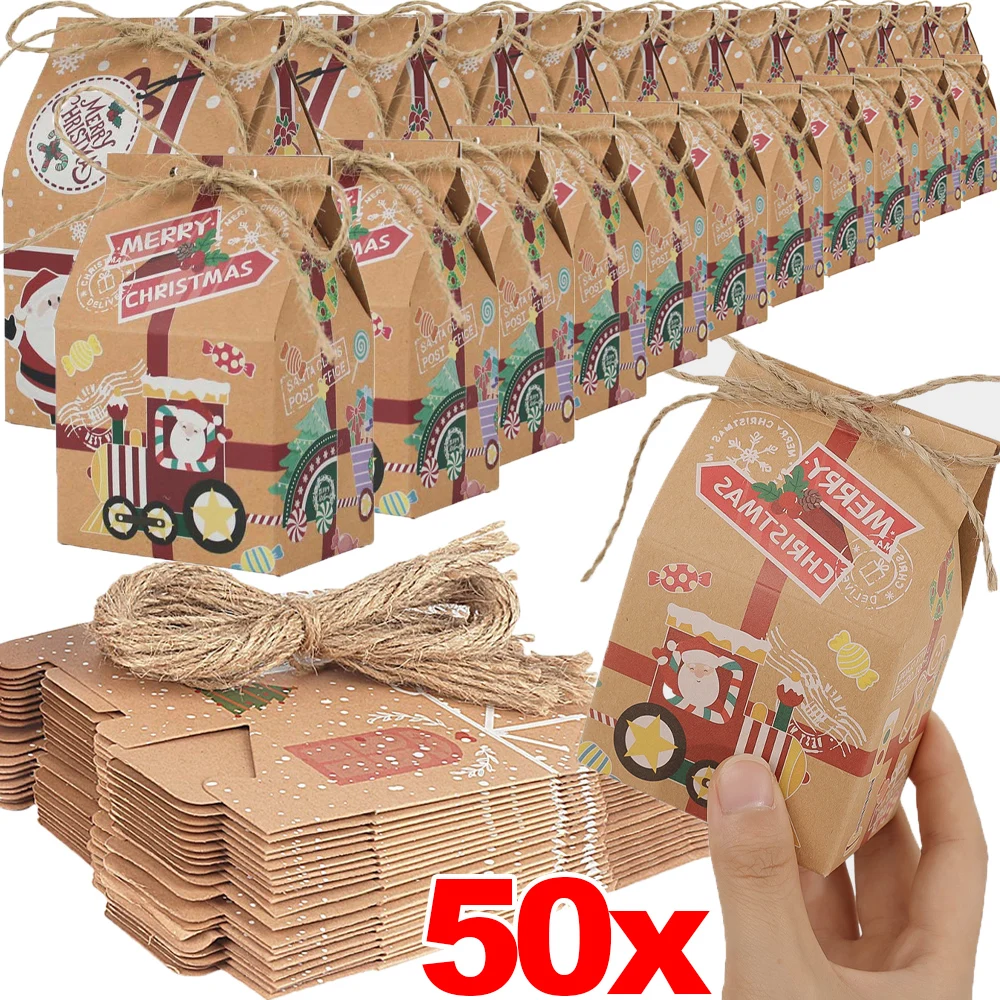 1/50pcs Christmas Kraft Paper Gift Bags Santa Claus Xmas House Shape Candy Cookie Snack Packaging Boxes Home New Year Party Deco