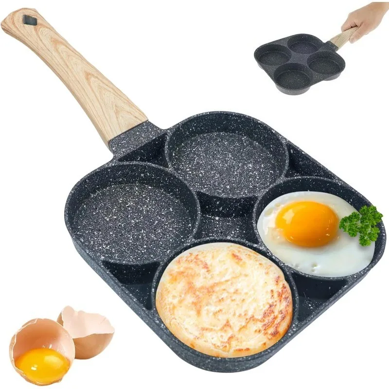 Sartén antiadherente de aluminio de 4 tazas, sartén multiagujeros de piedra Maifan, sartén antiadherente para huevos, sartén para tortitas y hamburguesas para acampar al aire libre