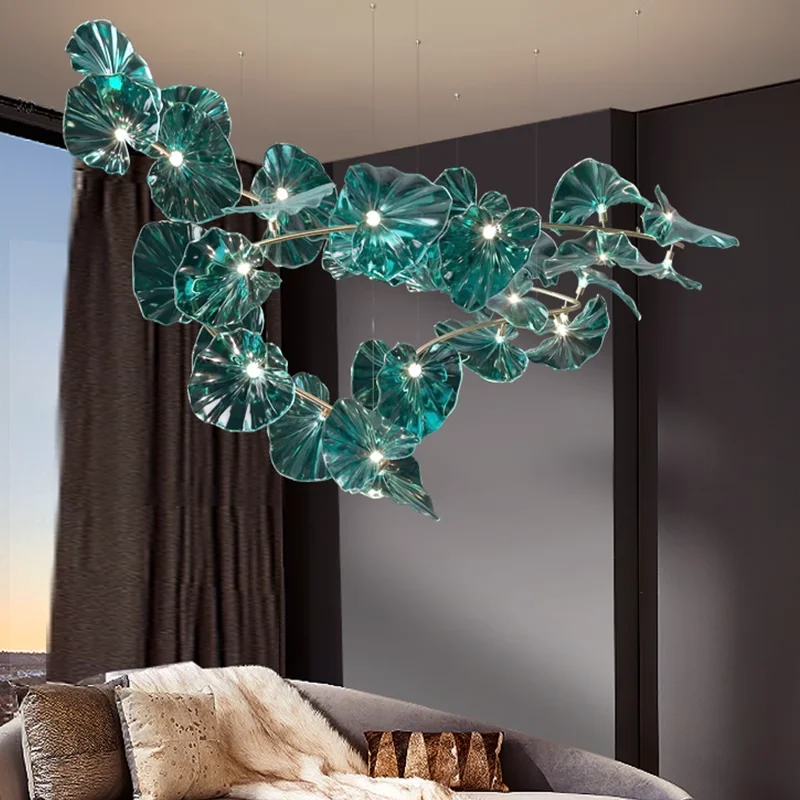 Green Glass Leaf Crystal Hanging Chandelier For Hotel Lobby Loft Living Dining Room Kitchen Island Nordic Lotus Leaf Chandeliers