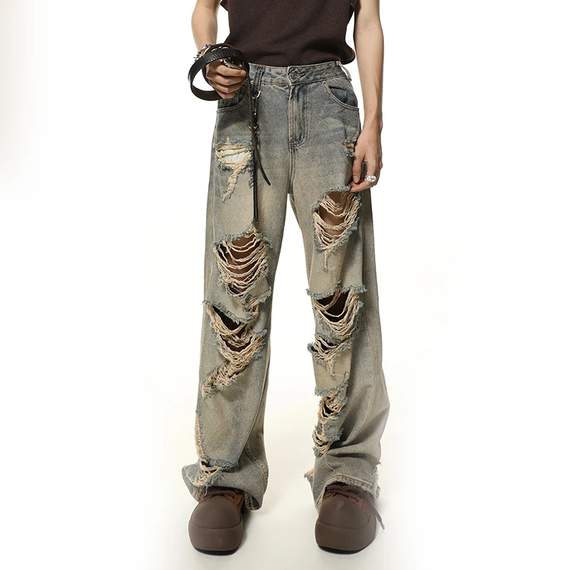 PFNW Male Hole Denim New Worn-out Dirty Destroy  Design Washed High Street Wide Leg Jeans Spring 2025 Chic Trendy 28W3996