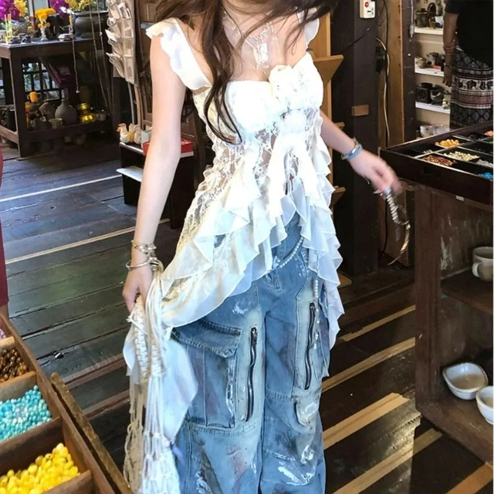 

Off-shoulder Lace Flower Tassel Camisole Ruffled Edge Transparent Mesh Ribbon Dress Beachwear Spicy Girl Style