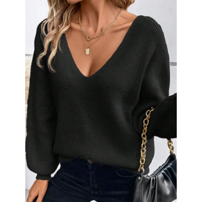 European and American Autumn and Winter Women's Sweater Yangyang Backless Lace upVCollar Pullover Long Sleeve Sweater