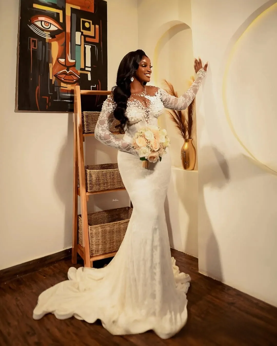 Abiti da sposa taglie forti personalizzati Abiti da sposa Sirena Illusion Maniche lunghe Perline Pizzo a strati Tulle Perle