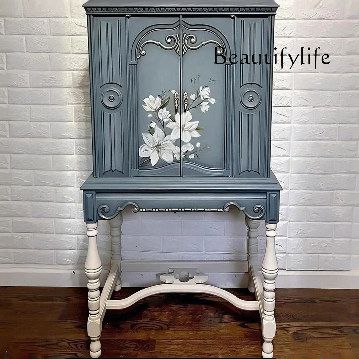

French painted retro solid wood wine cabinet multi-functional wall storage American engraved color matching side cabinet