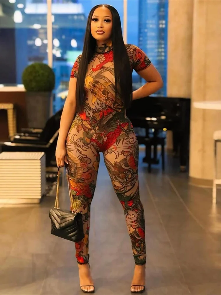 

Sister Star Women Jumpsuit Sexy Fashion Sexy Hottie Backless Pattern Print See-through Mesh Nightclub Party Jumpsuit Outfit