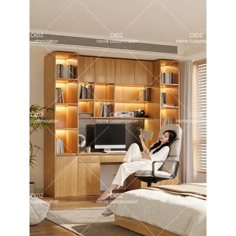 Foshan Solid Wood Bookcase Integrated Whole Wall Study Display Cabinet Log Style Home Bookshelf Floor Standing Multi