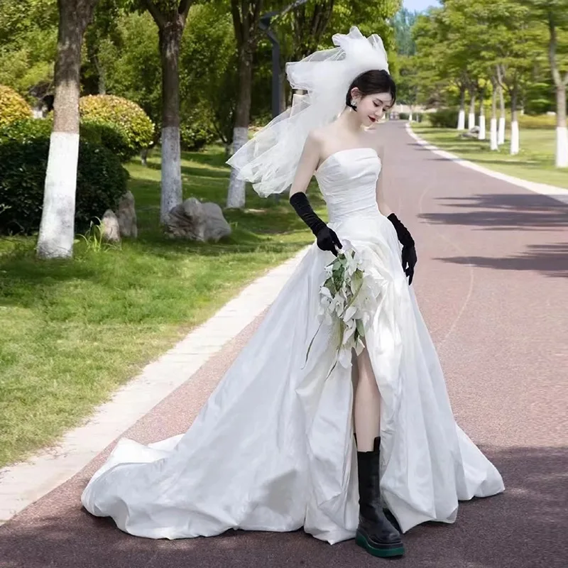 

Strapless One Shoulder Light Wedding Dress Welcome Veil Short Front And Long Back Princess Style Dress Small Stature Customized