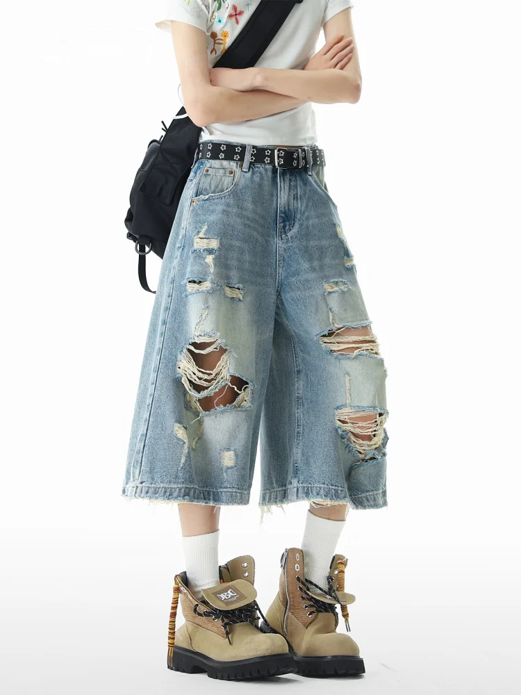 

American Waed Denim Seven-Foot Pants Men Women Summer Vintage Design Couple Wide Leg over Knee Mid-Pants Casual Loose Fit