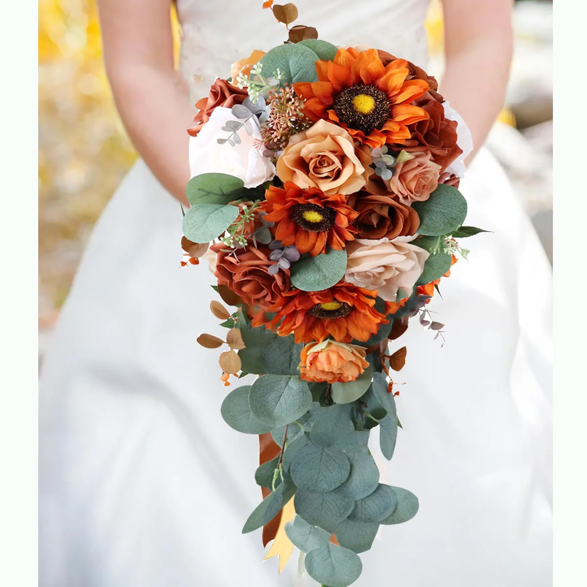 

YeeNanee Autumn Wedding Bouquet Vintage Terracotta Orange Sunflower Rose Bridal Cascading Bouquets for Fall Wedding Ceremony