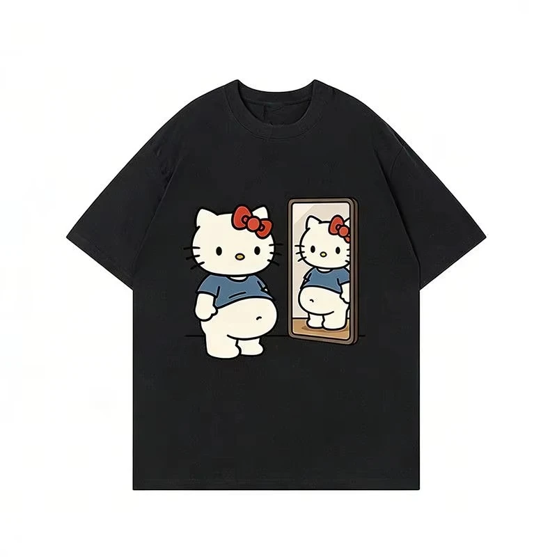2026 Hello Kitty Cartoon T Shirt Women Kawaii Oversized Tee Mirror Print Casual Street Fashion Y2K Summer Clothing Kids