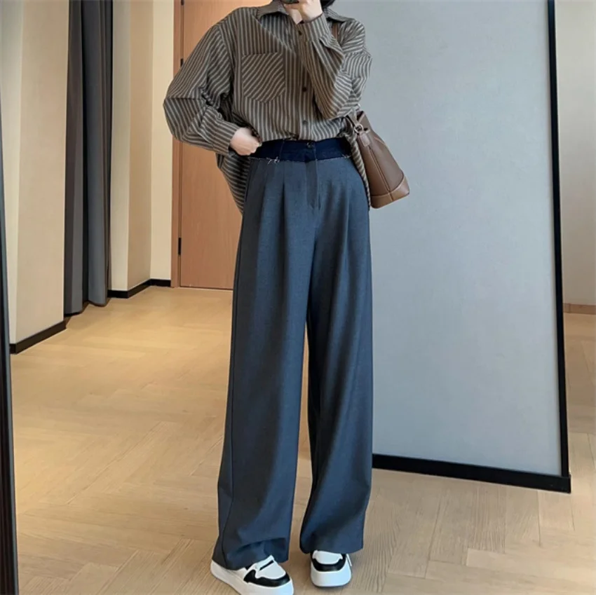 Fenggejiwo color blocking splicing waist, straight anti wrinkle straight leg wide leg suit pants, women's autumn new