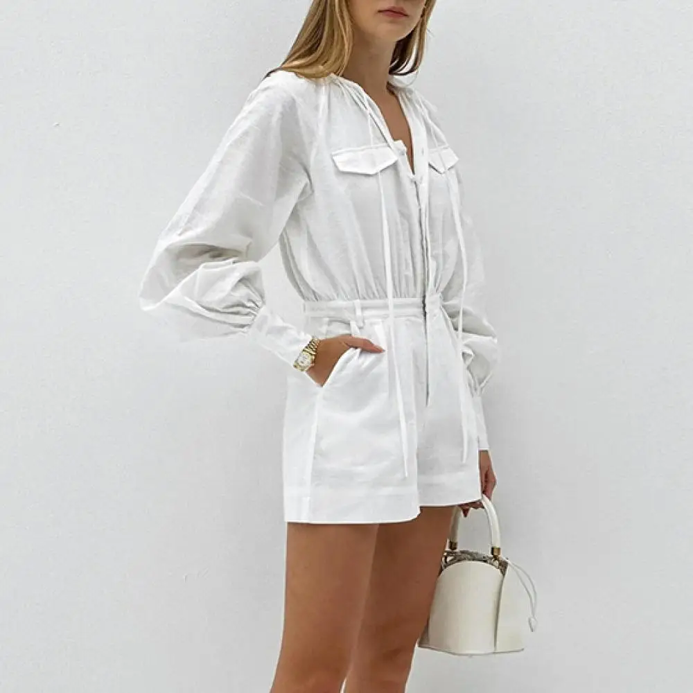 

White Elegant 100%cotton Shorts Jumpsuit Women Puff Sleeves Lace-Up Ruched Pompers Summer Casual Office Ladies Playsuits