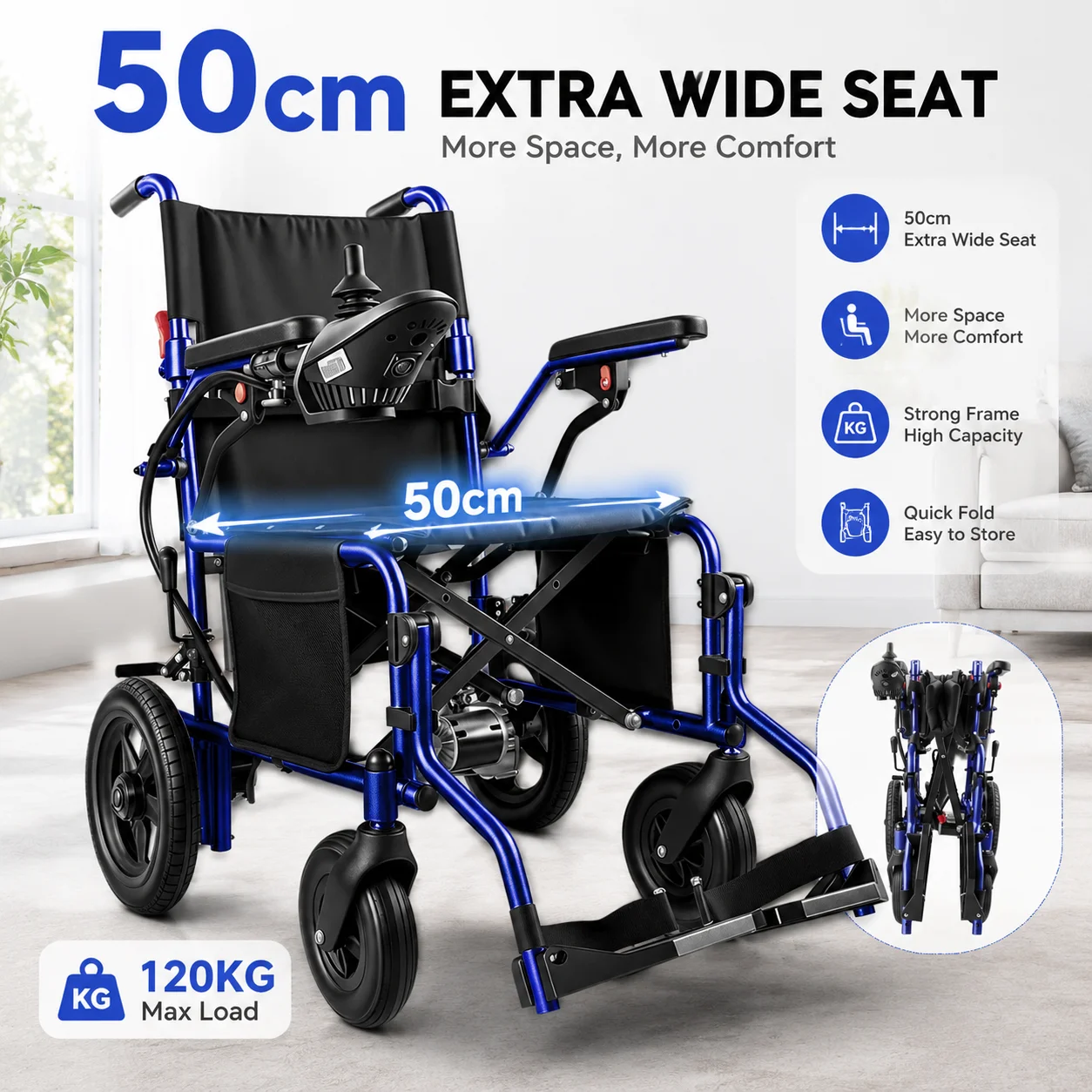 Fauteuil roulant électrique pliable léger ZygenAir 50CM avec siège extra large, capacité de charge jusqu'à 120 kg, moteur 500 W, autonomie de 24 km, facile à plier et à transporter pour les personnes âgées