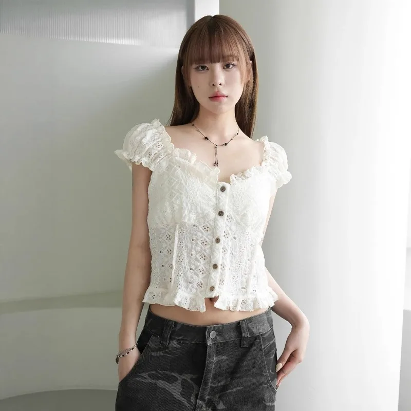 Hmsevenjz 여성용 여름 얇은 자카드 중공 짧은 카디건 탑 패션 여성 의류 용 v 넥 버블 슬리브 셔츠