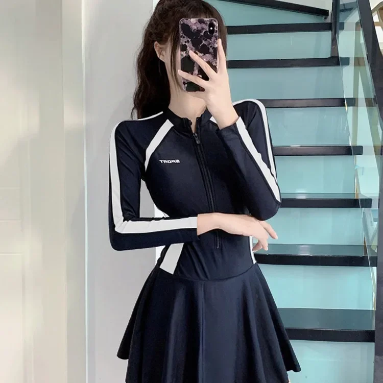 

New plus size women's dress one-piece fresh women's swimsuit conservative slim fit long sleeved hot spring swimsuit