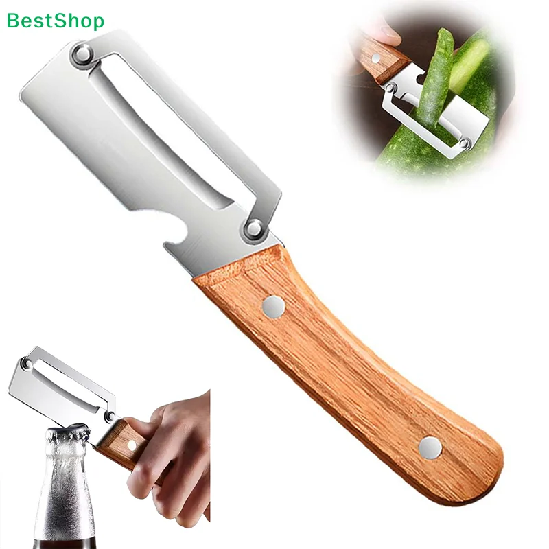 ✍2-in-1 Vegetable Peeler with Bottle Opener,Stainless Steel Fruit Slicer with Wooden Handle,Multi-Functional Kitchen Tool