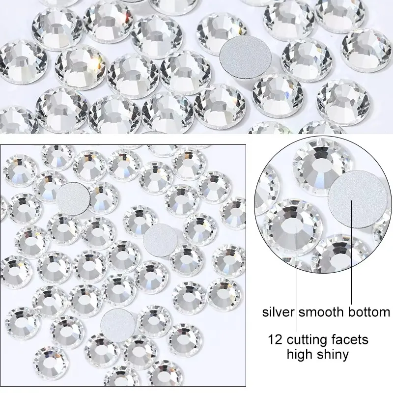 

Top quality SS3-SS60 Clear Crystal White 3D Nail Art Decoration rhinestones Silver Flatback Rhinestones Glitter Gems