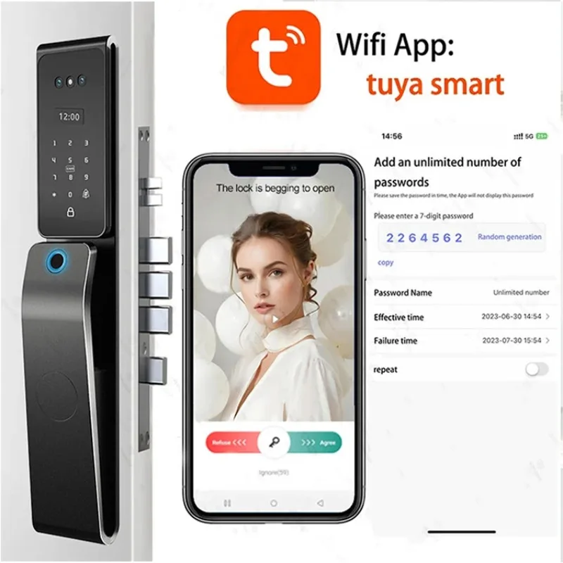 Camera Tuya Waterproof 3D Face Recognition Real Time Video Intercom Fingerprint Digital Smart Door Lock