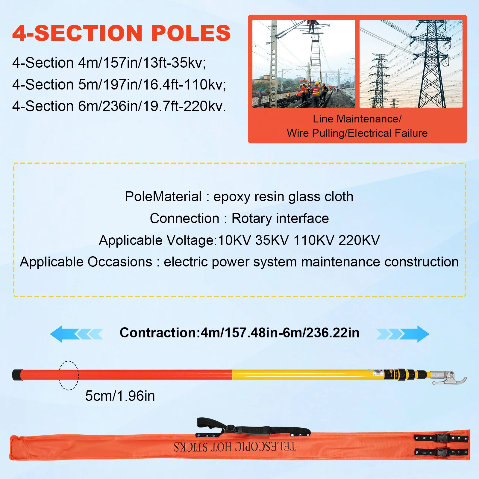 

Телескопическая оперативная штанга для работы под высоким напряжением, 19,7 футов, регулируемая длина, с изоляцией и противоскользящей рукояткой, для электриков