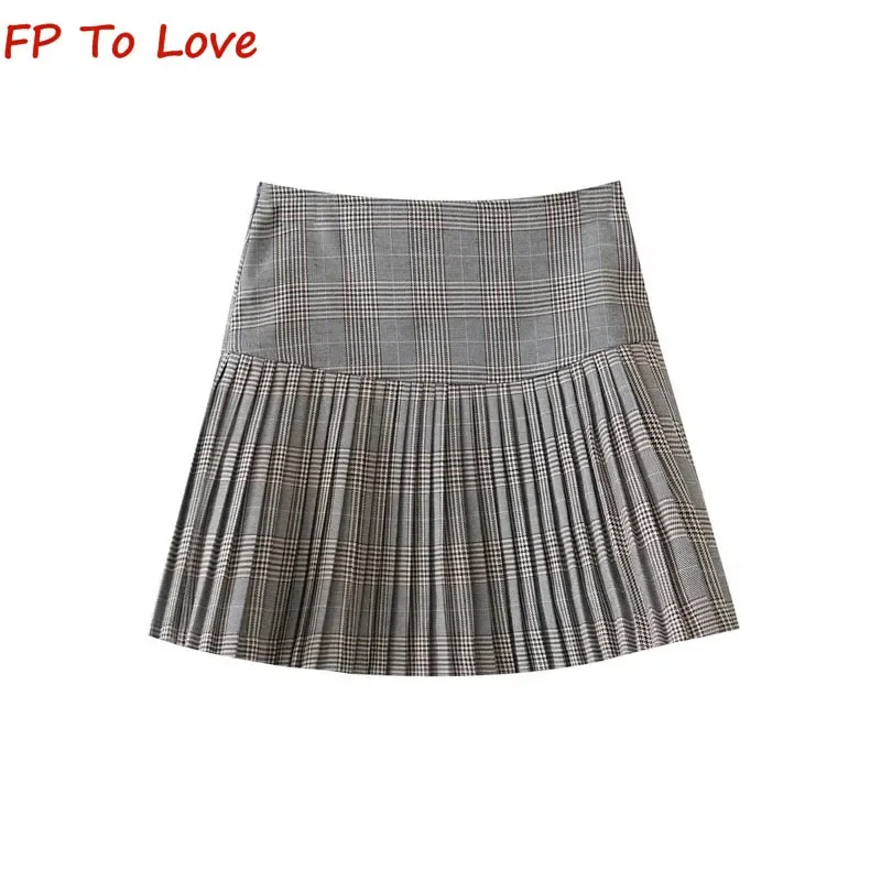 

Y2K Grey Plaid Vintage Pleated Half Skirt PB&ZA Woman English College Style High Waist Slim A-Line Hundred Short Skirt