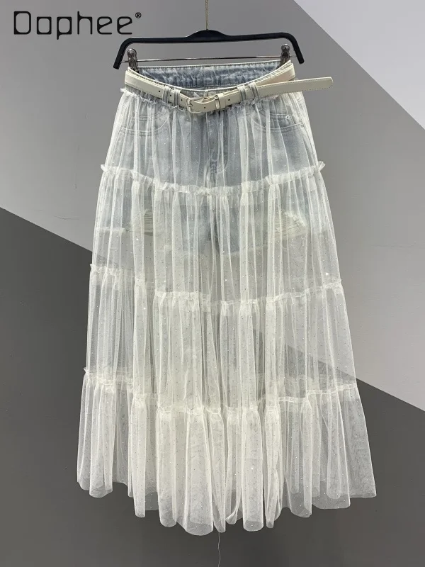 NOVEDAD DE VERANO 2021, minifalda vaquera rasgada de dos piezas falsa, falda de pastel ajustada de longitud media por encima de la rodilla de malla de retales a la moda para mujer