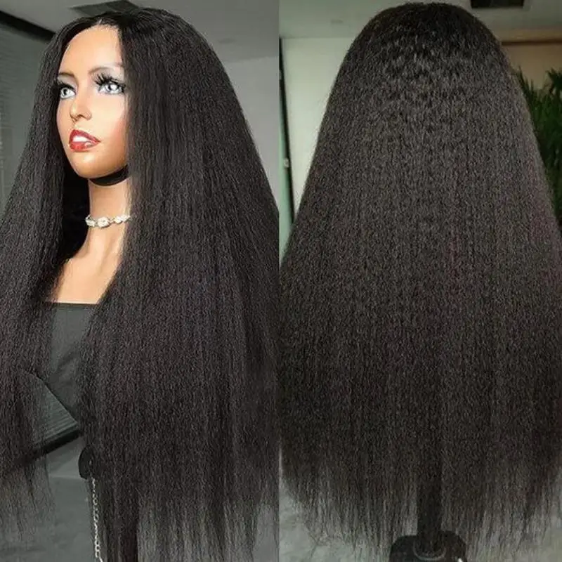 

Kinky Straight Lace Front Wig Soft Natural Black 30" For Black Women With Preplucked Baby Hair Synthetic Glueless Wig daily