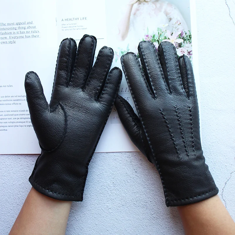 Guantes de cuero genuino para mujer, forro de lana de piel de ciervo, finos, cálidos para otoño, para conducir en motocicleta al aire libre, guantes