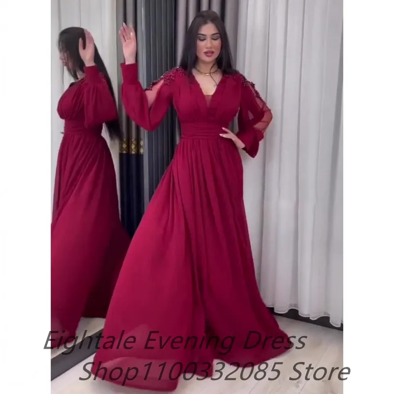 2022 Eightale Burgundy Chiffon A Line Long Sleeve Arabic Evening Dress for Wedding V Neck Prom Gowns Formal Celebrity Gown