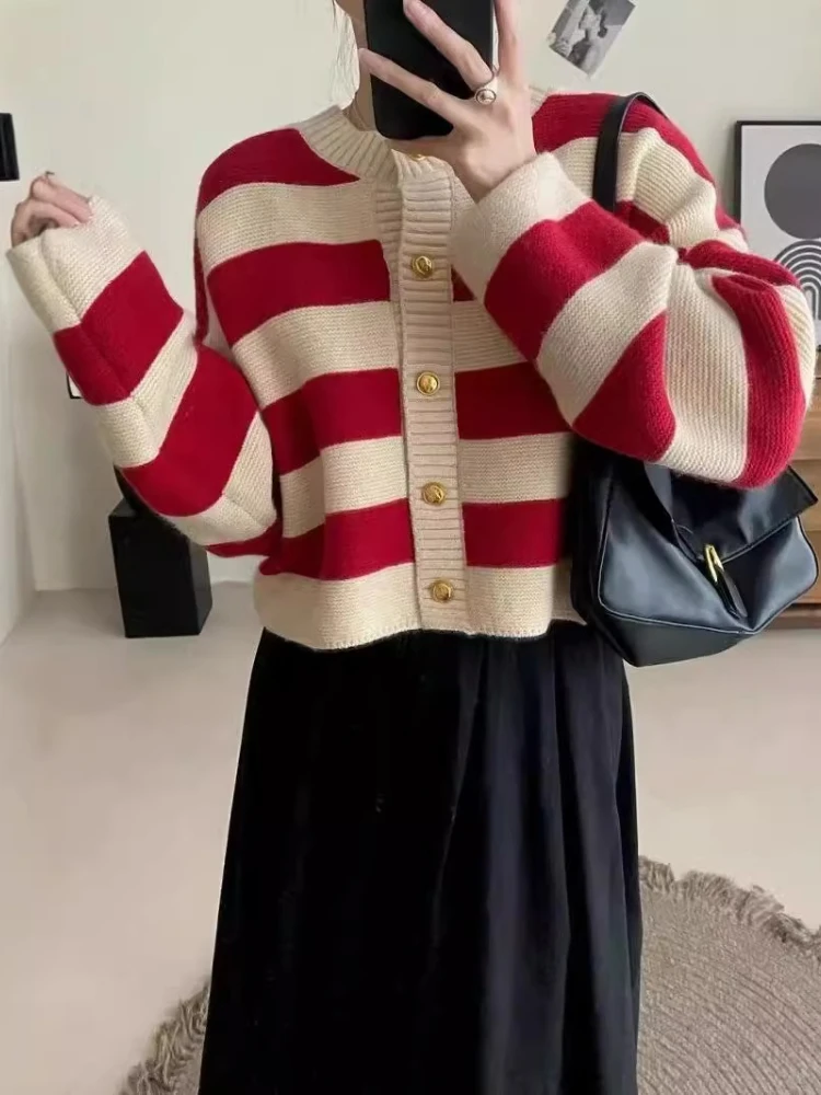 

Autumn Spring Women's O Neck Long Sleeve Stripe Cardigan Button Knit Lady Knitted Single-breasted Cardigan Korean Short Sweaters