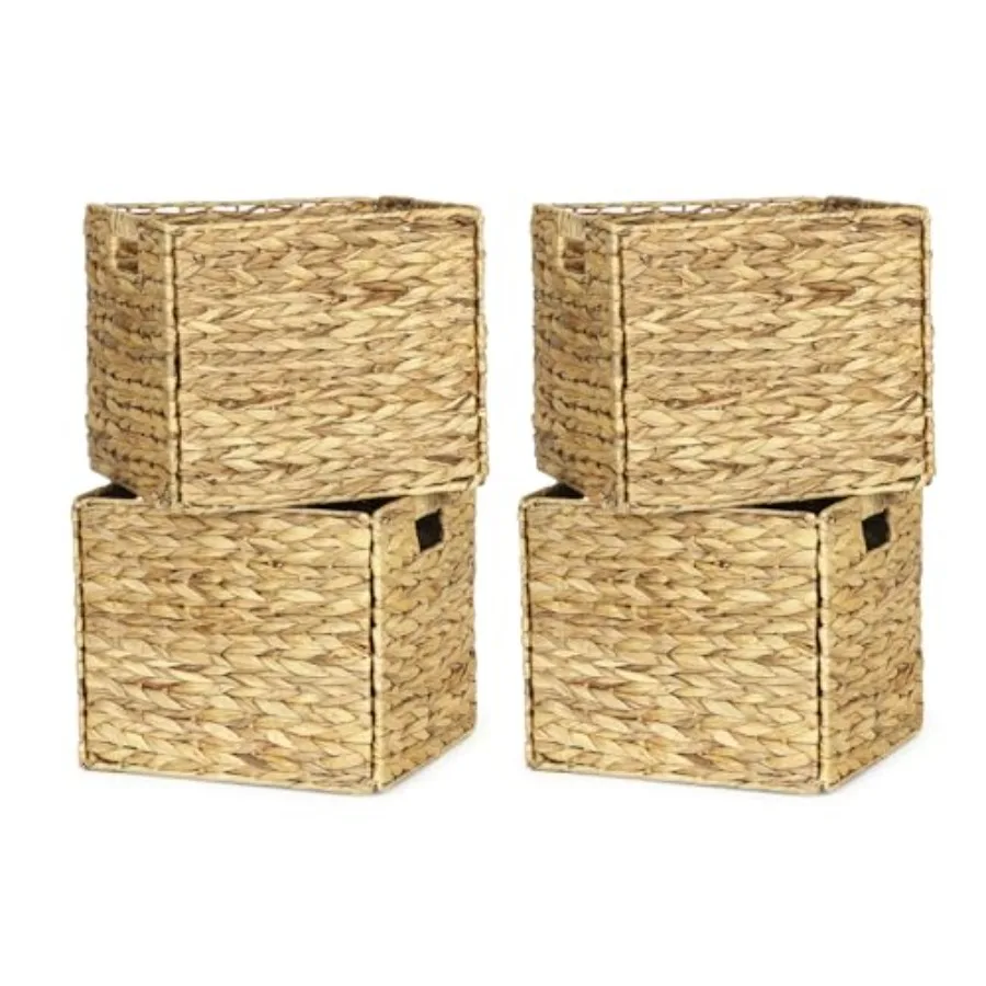 

Rectangular Storage Baskets 13x11in, 4 Pack Water Hyacinth Wicker Bins with Handles, Foldable Natural Organizer for Shelves Kit