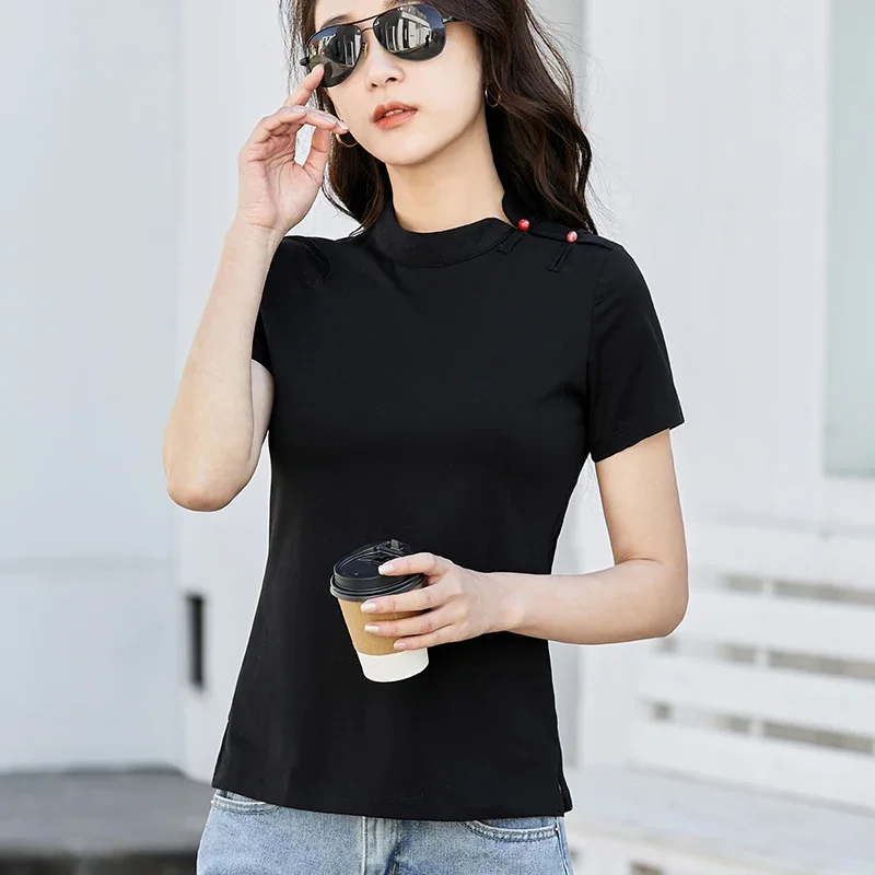 Summer New Side Button Round Neck Simple Short Sleeve Top Cotton Women's Slim Fit Solid T-shirt