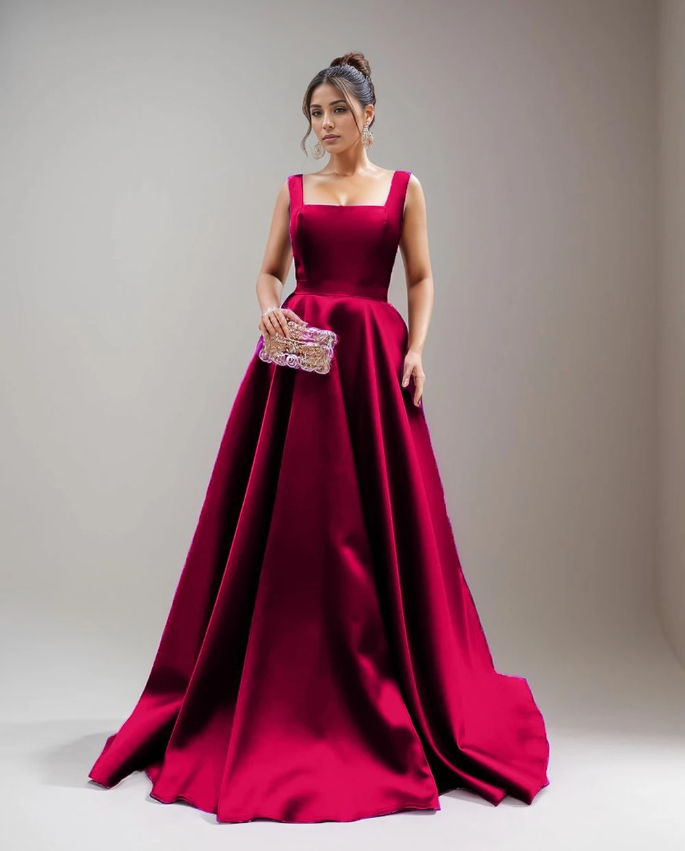 Msikoods Wine Red A-Line Evening Dress Square Neck Backless Satin Formal Dress Women Elegant Party Gown Prom Dress