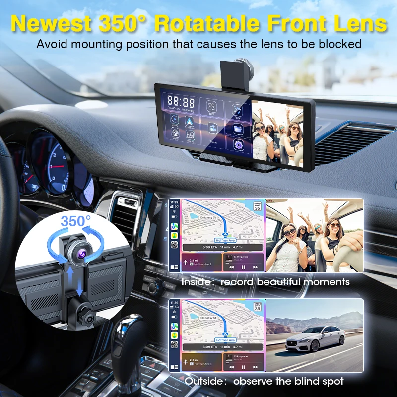 Jansite 10.26 "ADAS سيارة DVR 4K داش كام تدوير كاميرا أمامية Carplay أندرويد مسجل السيارات سيري التحكم الصوتي حلقة تسجيل #5