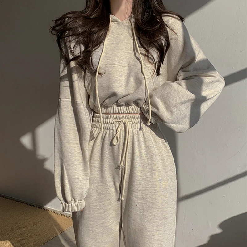 

Chic ort Sve Hoodie And High Waist Dstring Trousers Long Pants Sportswear Set for Young Women Cotton Material